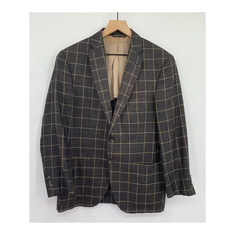 Jack Victor Blazer Mens 39S Grey Tan Windowpane Wool Silk Linen‎ Sport Coat